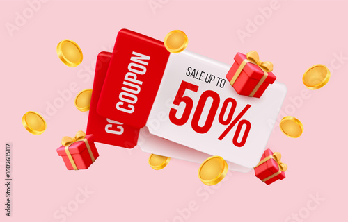 3d card voucher cashback template with coupon code, percentage off, flying gift boxes and golden coins. Gift vouchers and coupons in 3d vector illustration. Vector illustration