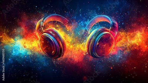 Glowing headphones in a cosmic space background