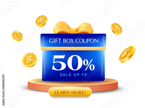 3d blue gift box with golden ribbons on a podium or stage with coins flying around, isolated on white background. Gift box discount concept in 3d vector illustration. Vector illustration