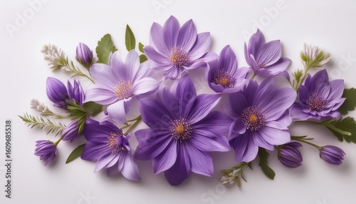 a bunch of purple flowers are arranged in a circle on a white background