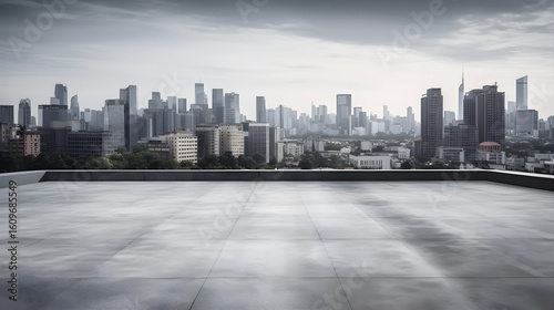 A cityscape with a rooftop view of a modern city skyline with tall buildings and a cloudy sky.