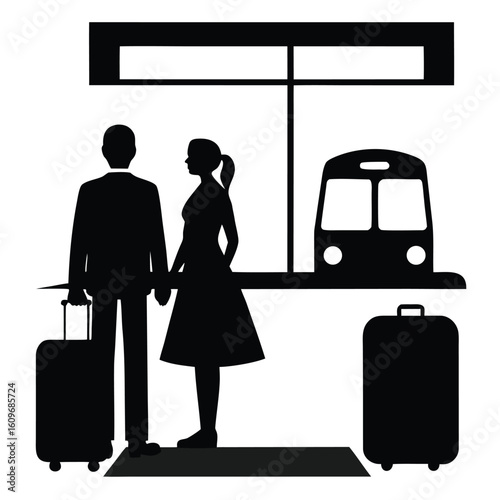 Silhouette depiction of a couple holding hands at a train station with their luggage ready for travel.