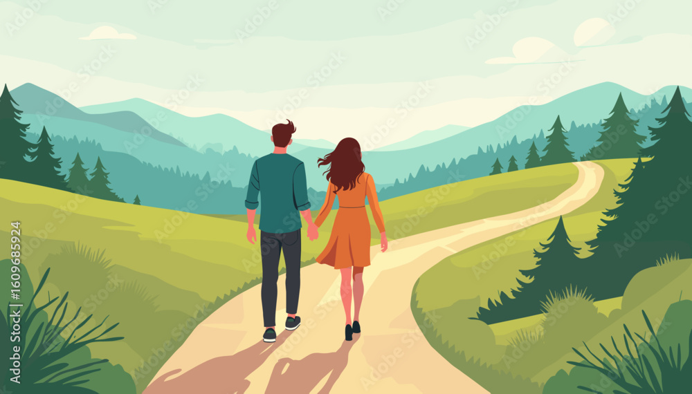 Obraz premium Couple walking on a trail in nature holding hands with a sunny sky 