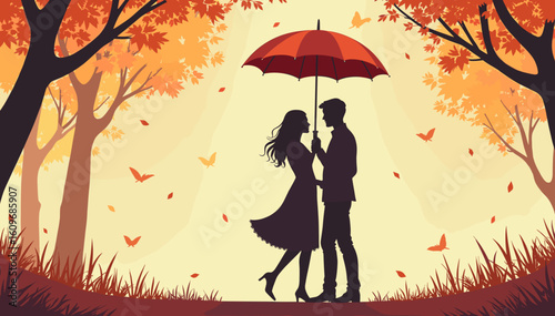 Couple holding red umbrella and embracing under autumn trees  