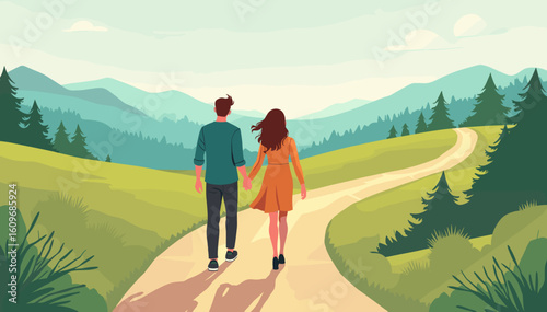 Couple walking on a trail in nature holding hands with a sunny sky  