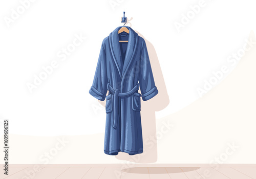 Blue bathrobe hanging on a hook against a minimalistic background  