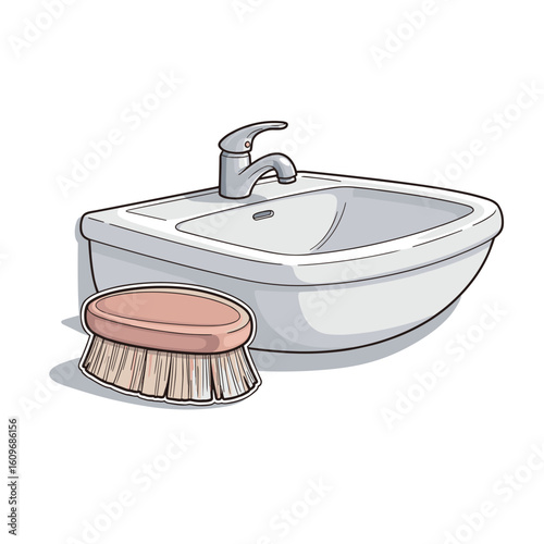 Bathroom sink with faucet and cleaning brush on white background  