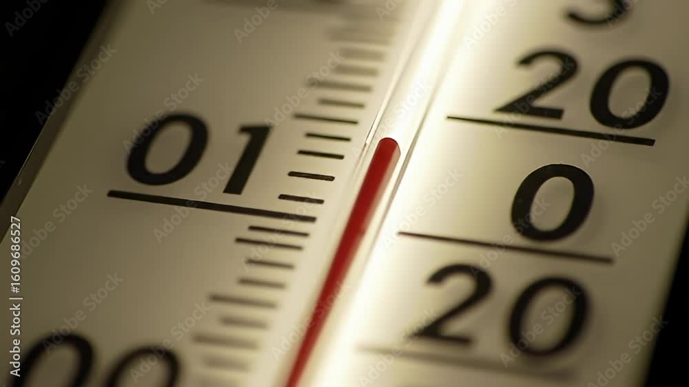 A close-up of a thermometer, showing the temperature at around 4 degrees A close-up of a thermometer, showing the temperature at around 4 degrees