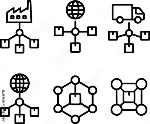 Supply chain network vector icon set logistics connection symbols inventory distribution nodes 