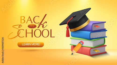3d stack of books with graduation cap on top and pencil, isolated on white background. Back to school banner template in 3d vector illustration. Vector illustration