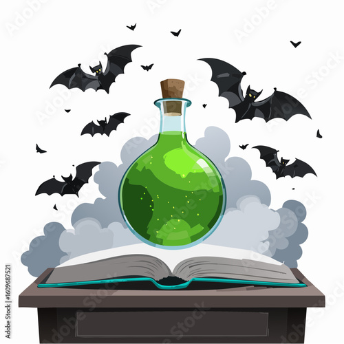 Mystical Potion's Secret: In the heart of a mysterious night, a vibrant green potion sits poised above a bewitching, open spellbook, encircled by shadowy bats, ready to cast its enchanting magic.