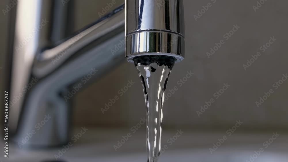 Close-up video angle of a modern chrome faucet with water flowing smoothly, highlighting the sleek design and reflective surface. Live desktop wallpaper. Close-up video angle of a modern chrome faucet with water flowing smoothly, highlighting the sleek design and reflective surface. Live desktop wallpaper.