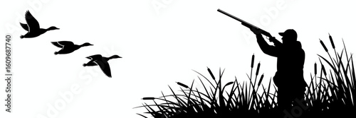 Hunter Silhouette with Flying Ducks in Marshland