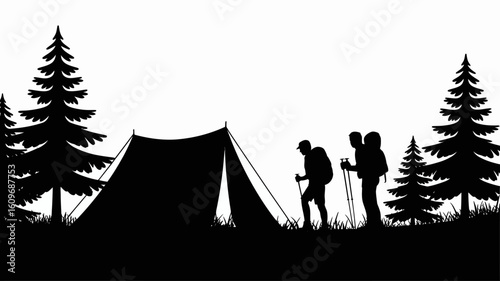 Hiking Silhouette with Tent and Pine Trees in Nature