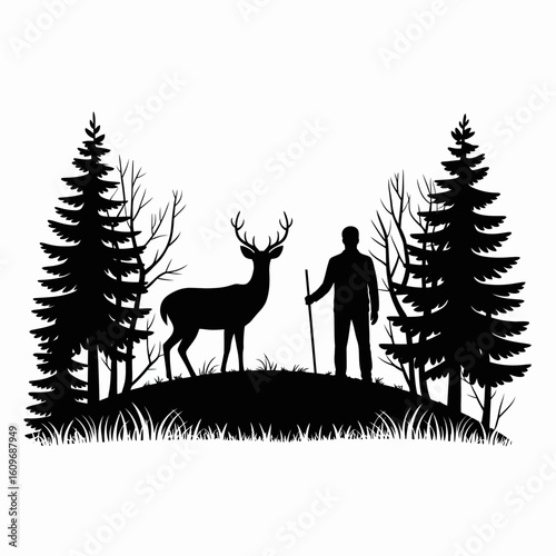 Silhouette of Hiker and Deer in Forest Landscape