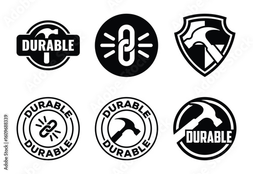 A set of six black and white graphic icons and badges representing durability, featuring hammers, chains, and shields.