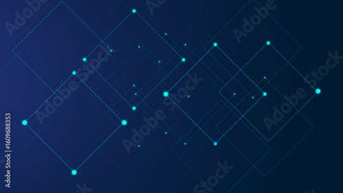 The pattern consists of thin lines forming overlapping transparent squares with glowing blue dots at their intersections, modern technology on a futuristic dark blue background.