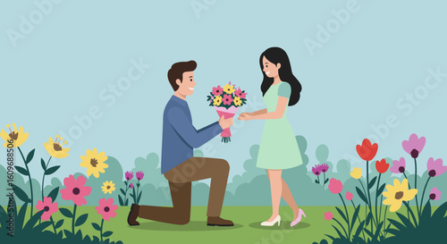 Man proposing with flowers to woman in garden setting  