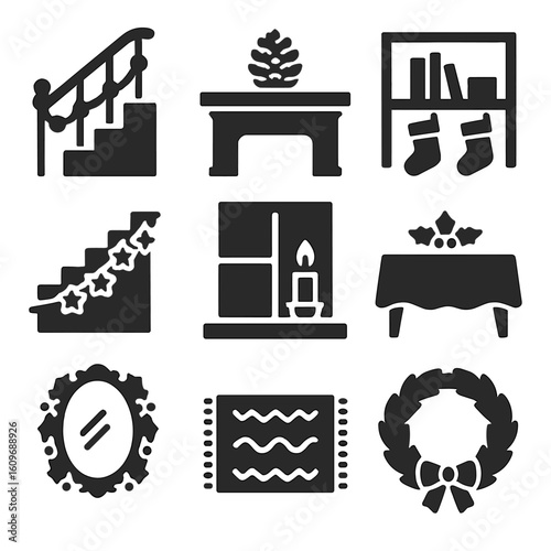 Festive Interior Icons. Solid style icons of festive interior details: garland around railing, pinecone on mantle, bookshelf with