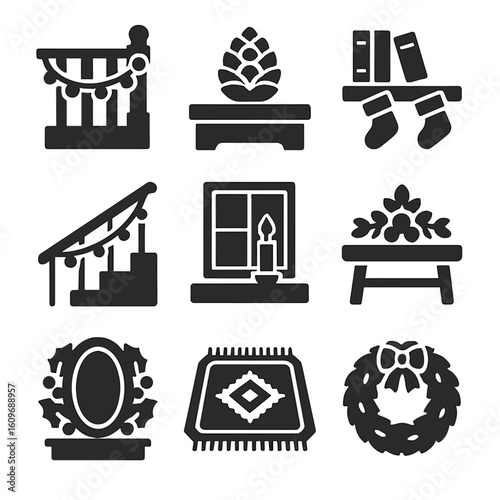 Festive Interior Icons. Solid style icons of festive interior details: garland around railing, pinecone on mantle, bookshelf with