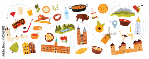 Travel to Central and Eastern Europe set, culture elements, food and nature landscape, landmarks on tourist route. Charles Bridge and windmill, church and Alps, beer cartoon vector illustration