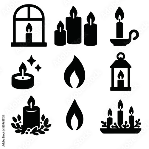 Candlelight Icon Set. Solid style icons of candlelight windows and lights: window with candle glow, trio of votives, taper in