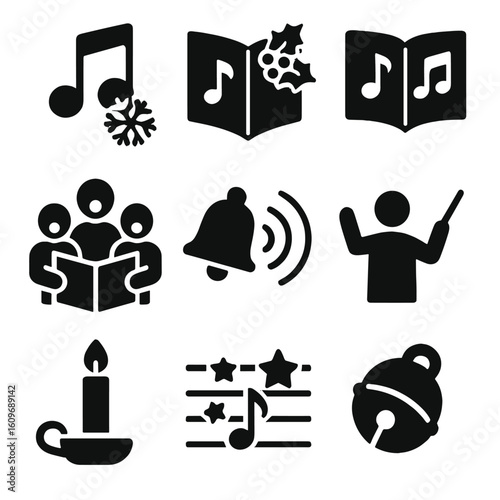 Christmas Carol Icons. Solid style icons of traditional carols and songs: music note with snowflake, songbook with holly, open