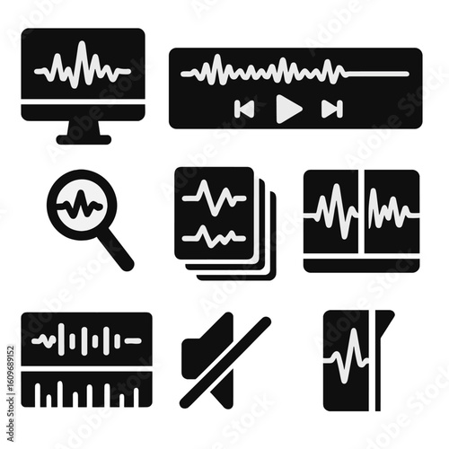 Audio Interface Icons. Solid style icons of visual sound interfaces: waveform on screen, audio preview bar, playback wave UI,
