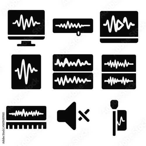 Audio Interface Icons. Solid style icons of visual sound interfaces: waveform on screen, audio preview bar, playback wave UI,