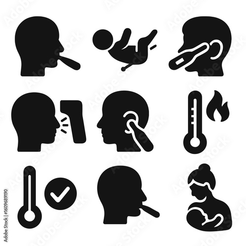 Medical Thermometer Icons. Solid style icons of medical thermometers in use: oral thermometer, rectal thermometer, underarm