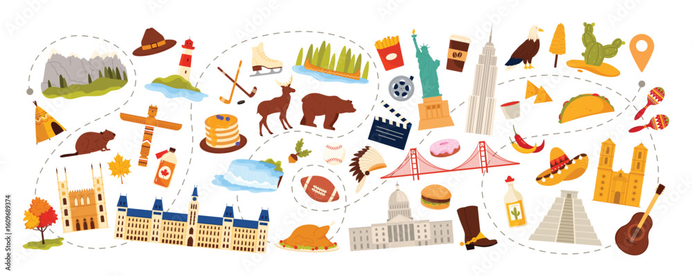 Fototapeta premium Travel to North America, culture elements set, food and landmarks, nature objects for tourist tour across continent. Canadian Parliament and Capitol Building, mountains cartoon vector illustration