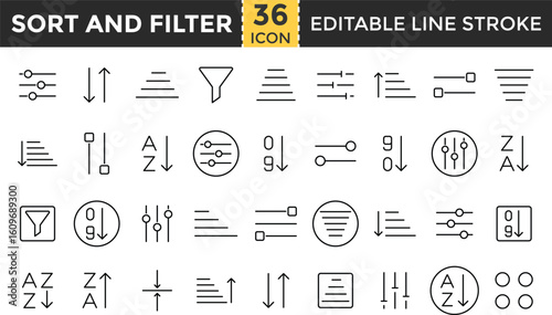 Sorting and Filtering Line Icon Set. Outline Editable Stroke Icons for filter, short, Data Structure, Order, Processing, Digital, Management and more