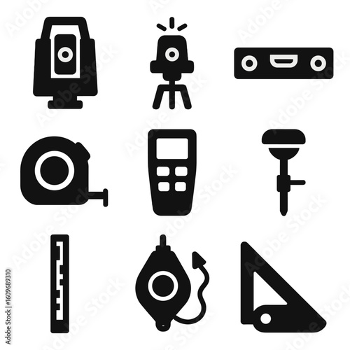 Measurement Tool Icons. Solid style icons of measurement and leveling: total station, laser level, bubble level, measuring tape,