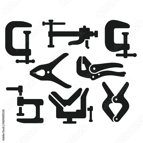 Clamps and Fasteners Icons. Solid style icons of clamps and fastening accessories: C-clamp, bar clamp, pipe clamp, quick grip