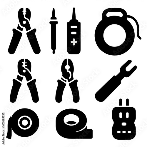 Electrician Tool Icons. Solid style icons of electrician tools: wire stripper, voltage tester, circuit tester, fish tape, crimping