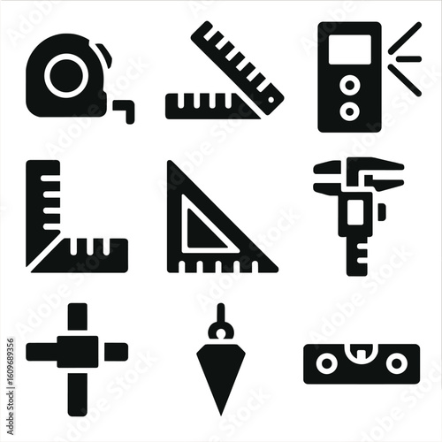 Solid Measuring Tools Icons. Solid style icons of measuring tools: tape measure, folding rule, laser distance meter, carpenter’s