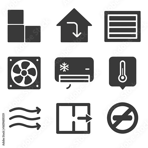 HVAC Planning Icons. Solid style icons of HVAC and ventilation planning: ductwork layout, air return location, supply vent,