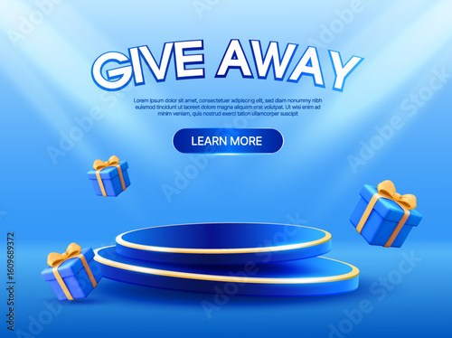 3d give away sale podium banner template with gift boxes flying around, isolated on blue background with spotlight effect on stage. Discount banner template in 3d vector. Vector illustration