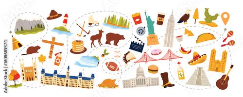 Travel to North America, culture elements set, food and landmarks, nature objects for tourist tour across continent. Canadian Parliament and Capitol Building, mountains cartoon vector illustration