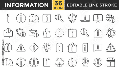 Information Line Icon Set. Outline Editable Stroke Icons for info, Guide, Help Desk, User Manual, Reference, Instruction, Info Center Concepts