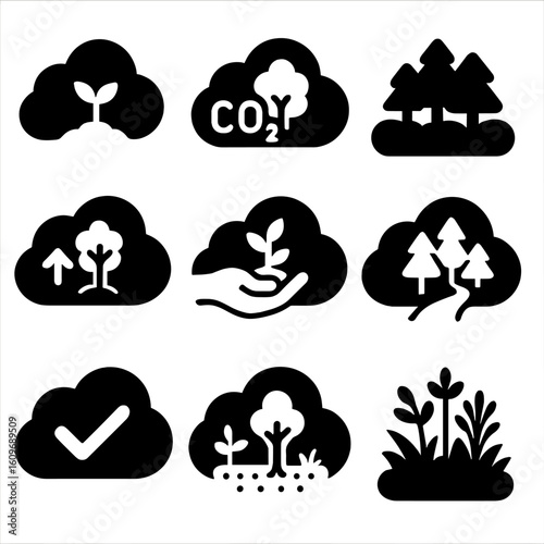 Forest Recovery Icons. Solid style icons of forest and natural recovery: cloud with sapling, CO₂ absorption tree cloud, forest