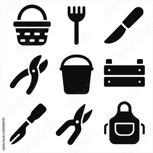 Harvesting Tools Icons. Solid style icons of harvesting tools: harvesting basket, fruit picker, garden knife, pruning snip, bucket