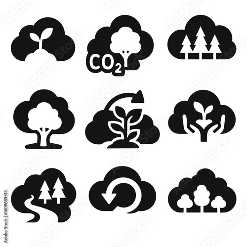 Forest Recovery Icons. Solid style icons of forest and natural recovery: cloud with sapling, CO₂ absorption tree cloud, forest