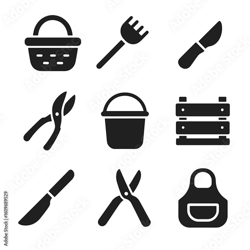 Harvesting Tools Icons. Solid style icons of harvesting tools: harvesting basket, fruit picker, garden knife, pruning snip, bucket