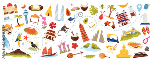 Travel to Southeast Asia, Asian culture elements set, food and architecture, nature landmarks on route of tourist adventure. Buddha statue and rafflesia, tuk tuk and temple cartoon vector illustration