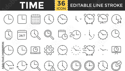 Time Line Icon Set – Outline Editable Stroke Icons Collection for Clock, Timer, Calendar, Stopwatch, Alarm, Time Management