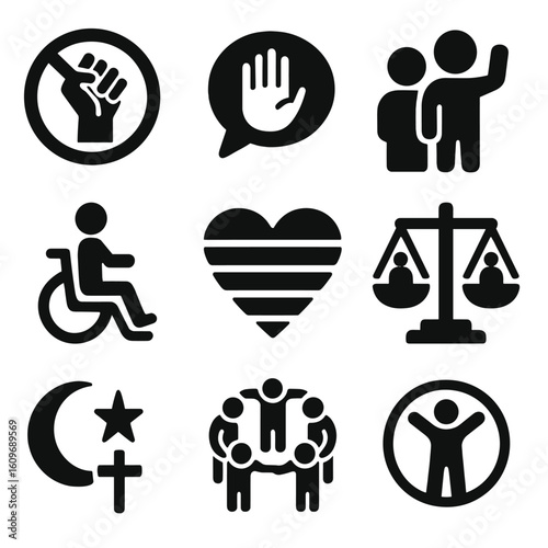 Anti-Discrimination Icons. Solid style icons of anti-discrimination themes: no racism sign, stop hate speech, anti-bullying icon,