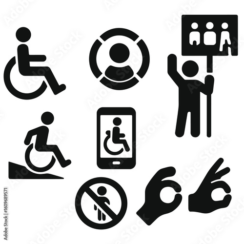 Disability Justice Icons. Solid style icons of disability justice: wheelchair access icon, universal design symbol, hand with cane