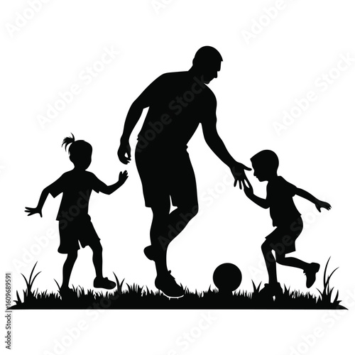 Silhouette illustration of a father playing soccer with his two children in a grassy field capturing a joyful family moment
