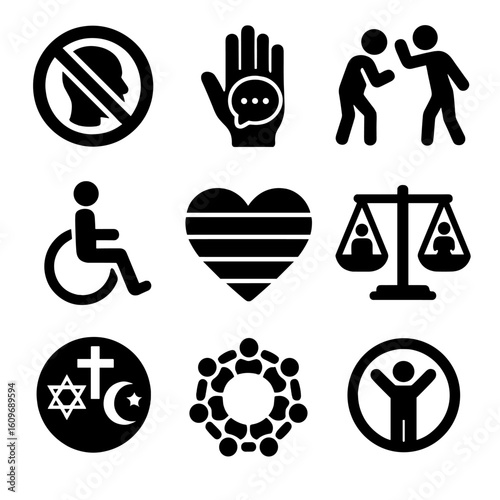 Anti-Discrimination Icons. Solid style icons of anti-discrimination themes: no racism sign, stop hate speech, anti-bullying icon,